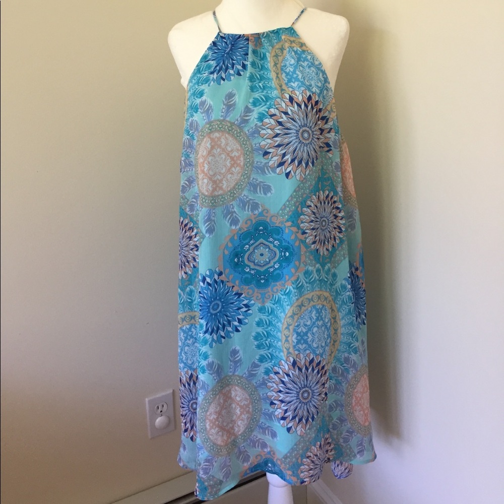 Sleeveless Aqua Blue Patterned Halter Dress